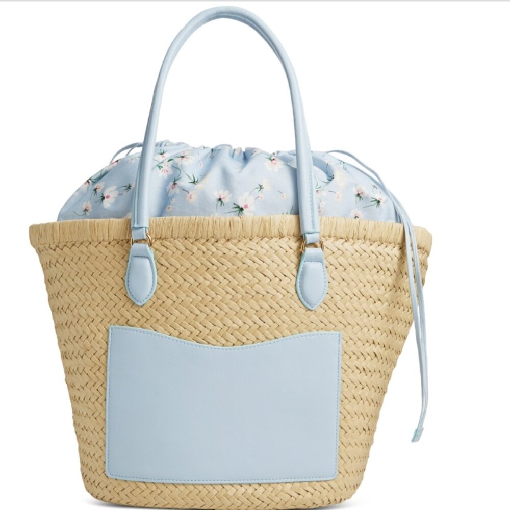 COPY - On 34th Isabellaa Straw Medium Drawstring Tote, Straw/blue